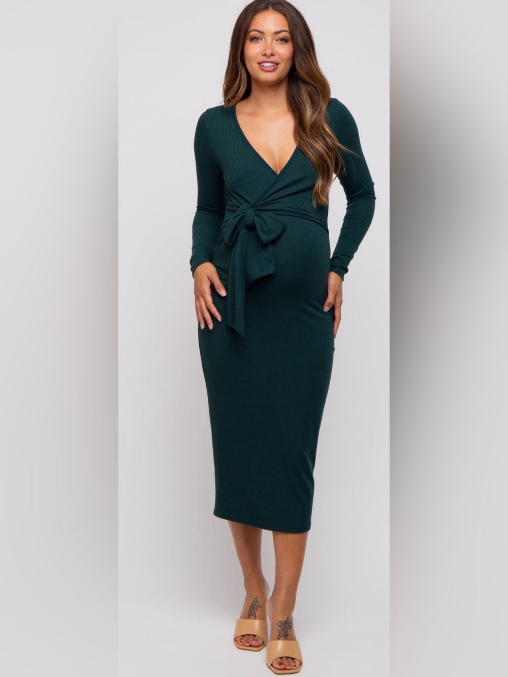 Pinkblush Maternity Forest Green Ribbed Long Sleeve Midi Wrap Dress - Small